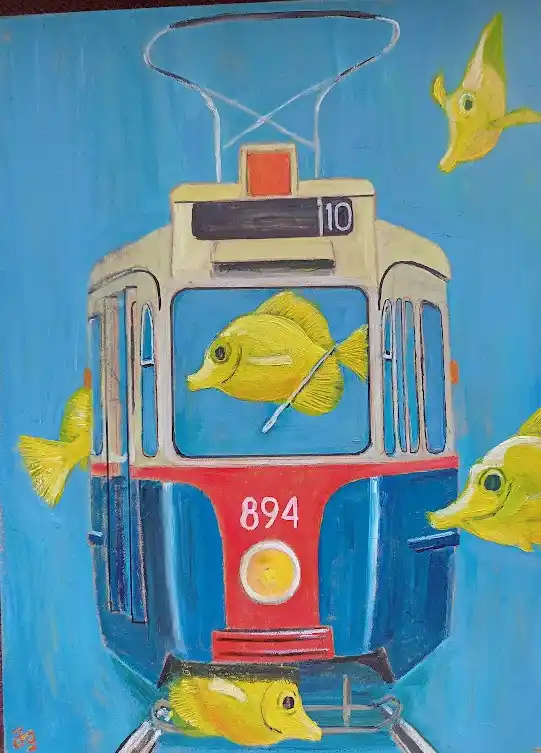 Fantasieschilderij van een tram met gele vissen