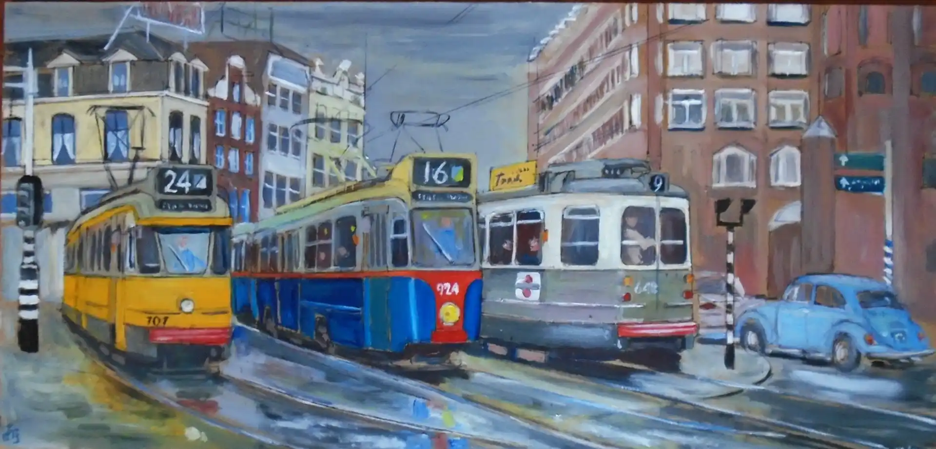 Breed schilderij met drie trams in de stad